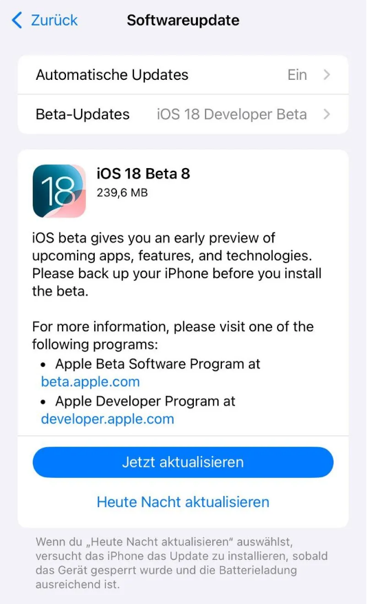 五营苹果手机维修分享苹果 iOS / iPadOS 18 开发者预览版 Beta 8 发布 